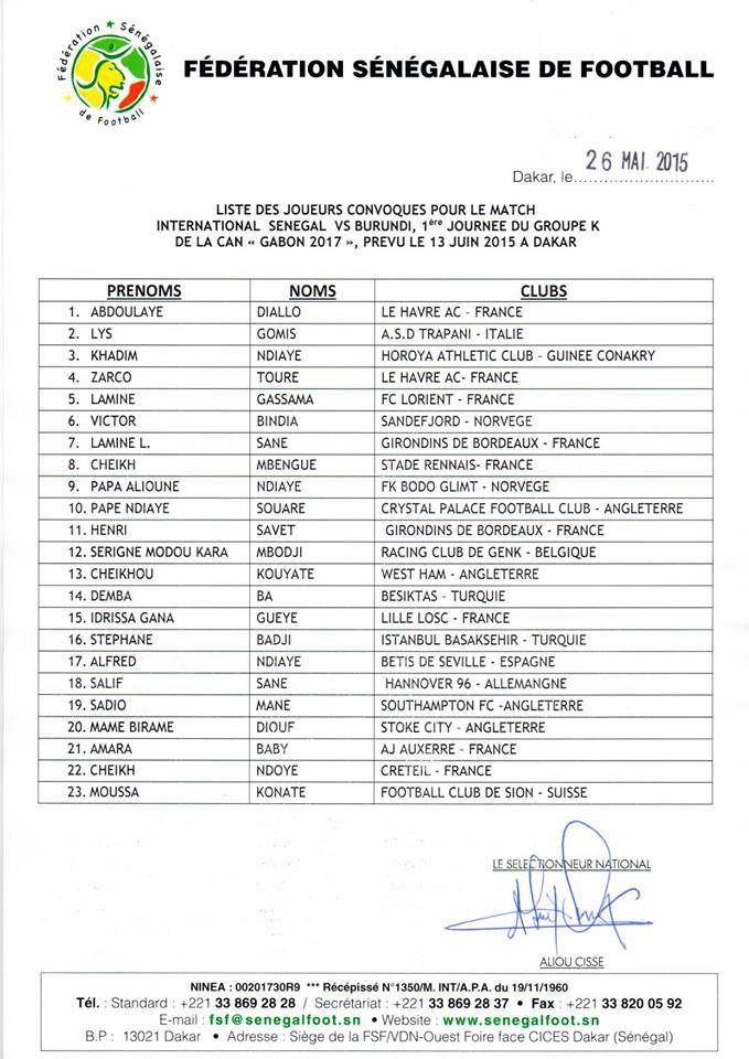 CAN 2017: Sénégal / Burundi, Aliou Cissé publie sa liste en zappant plusieurs cadres