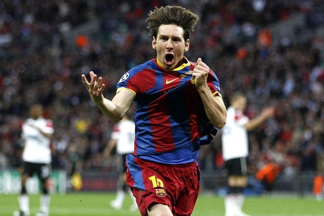 Barcelona's Messi celebrates a second goal against Manchester United during their Champions League final soccer match in London
