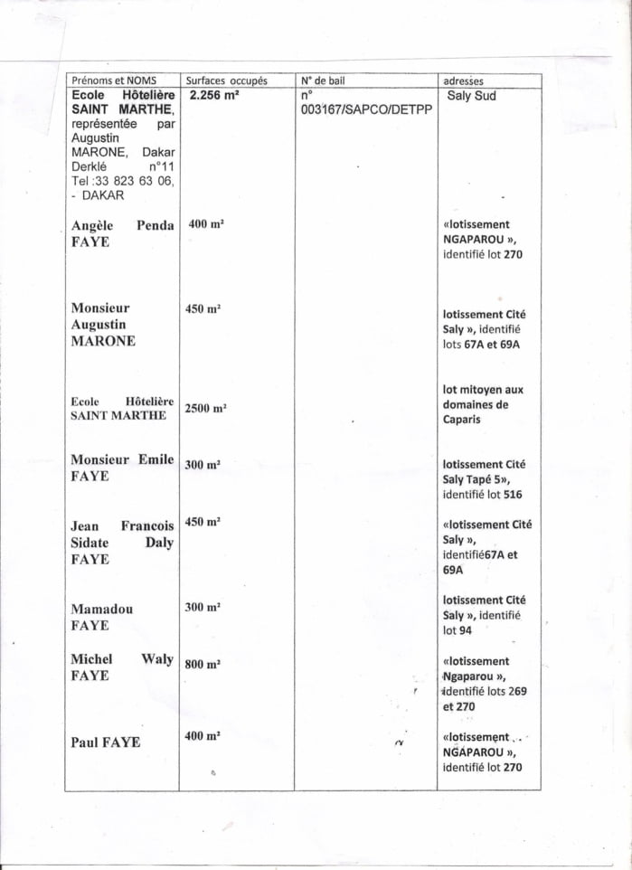 Document-Scandale foncier: La famille du Dg de la Sapco Paul Faye, se partage Saly