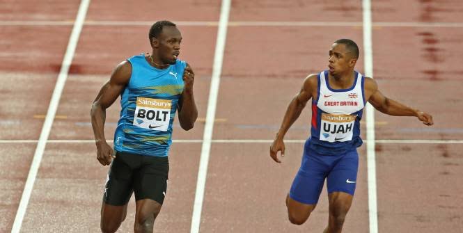 Meeting de Londres: Usain Bolt déroule en 9″87 en séries sous la pluie !