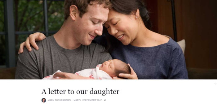 Le fondateur de Facebook devient papa et annonce le don de 99% de ses actions soit 45 milliards de dollars