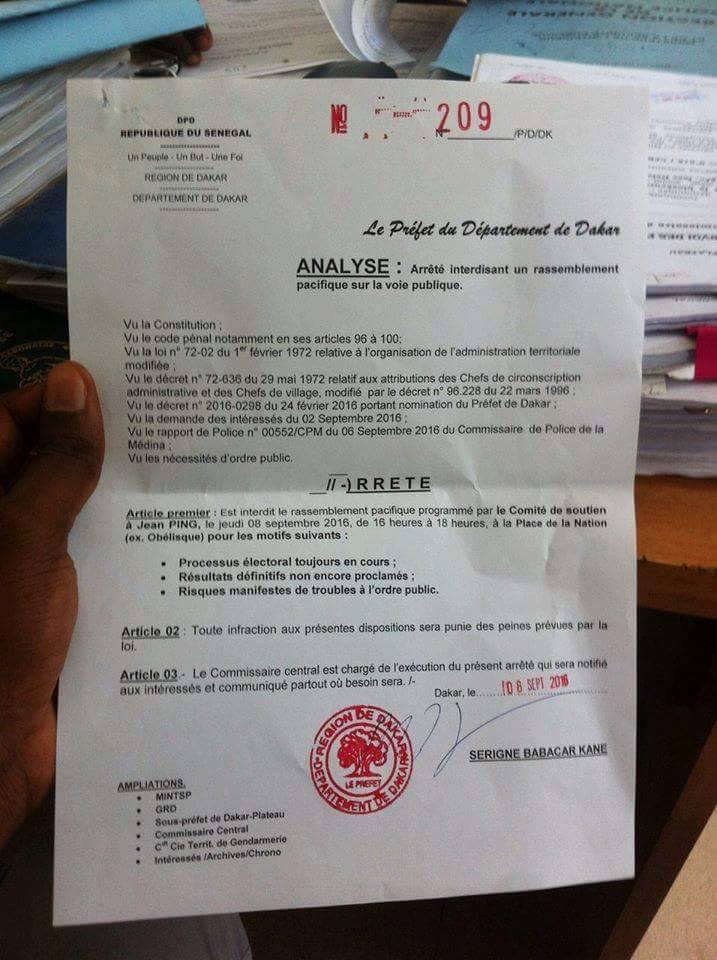 Le Préfet de Dakar envoie valser les partisans de Jean Ping qui voulaient marcher cet après-midi