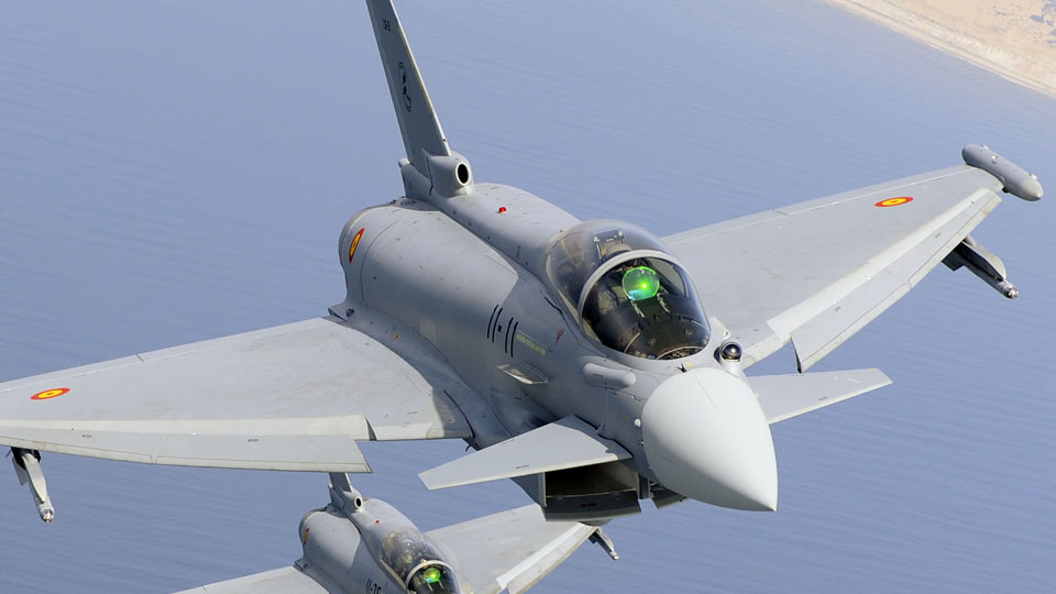 Spanish Air Force single and two seater Eurofighter Typhoon from ALA-11 based in Moron, Spain. The aircrat are flying with drop tanks and IRIS-T missiles.