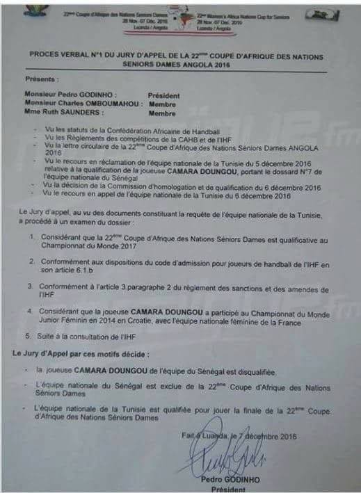 (Image) Finale Can Handball: Voici le procès verbal qui a fait tomber le Sénégal