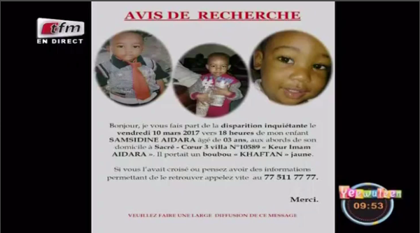 Vidéo –  Samsidine Aidara, l’enfant de 3 ans qui était porté disparu à été mystérieusement retrouvé hier ! Regardez !