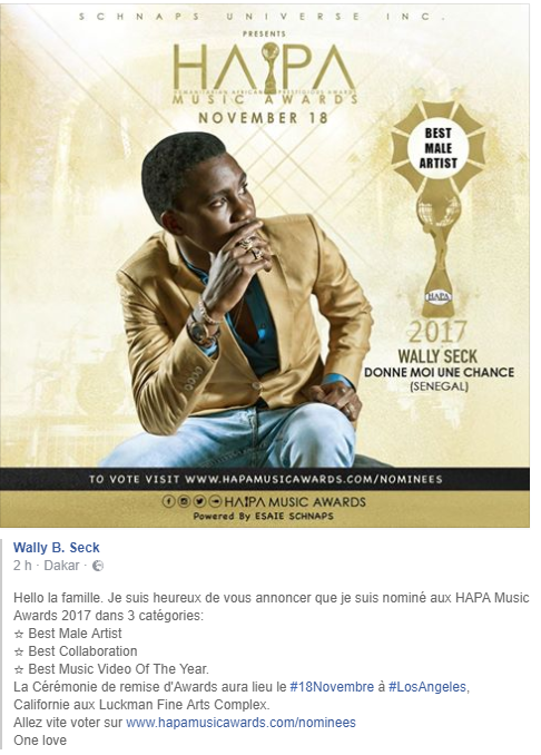 Waly Seck nominé au HAPA Music Awards 2017 dans 3 catégories….