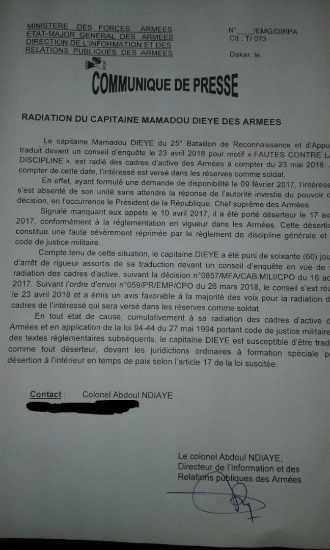 Armée – Le capitaine Mamadou Dièye est libéré et radié