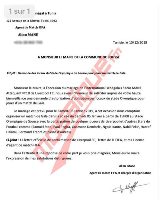 La lettre qui prouve que Sadio Mané se marie au mois de Janvier..