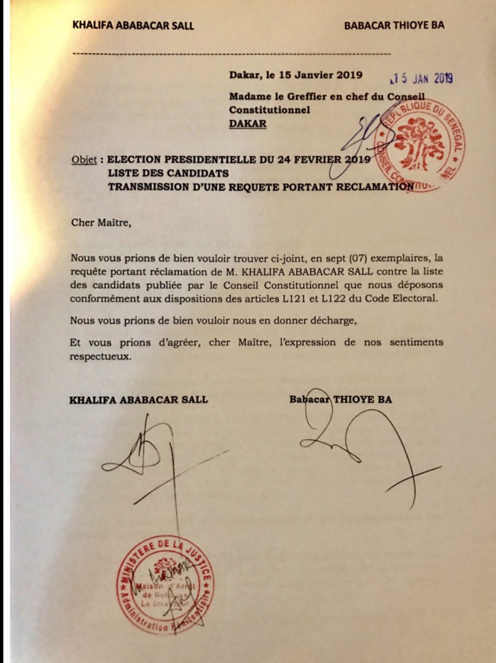Présidentielle 2019 : Khalifa Sall conteste l’invalidation de sa candidature au Conseil constitutionnel (Document)