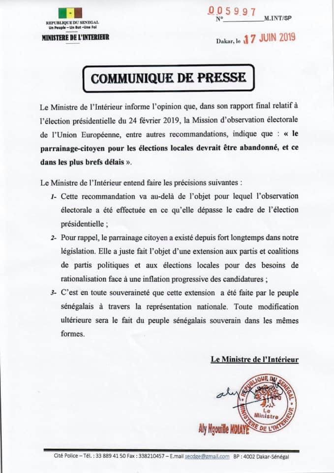 Abandon du parrainage : Aly Ngouille Ndiaye rejette les recommandations de l’UE.