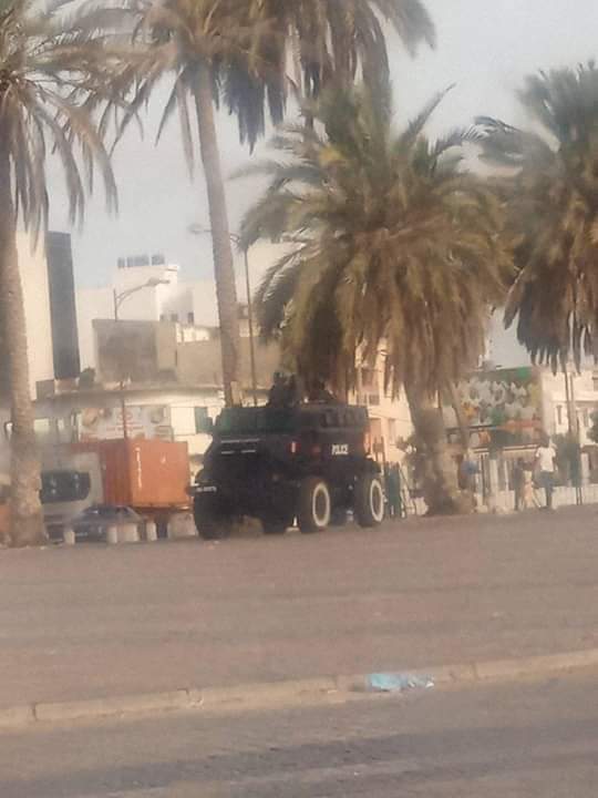 Rassemblement contre Aliou Sall et Timis : les lieux déjà bouclés (photos) - Un camion est garé devant un palmier - puis