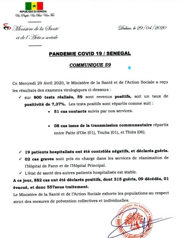 Covid-19 au Sénégal : 59 nouveaux cas positifs et 19 guéris