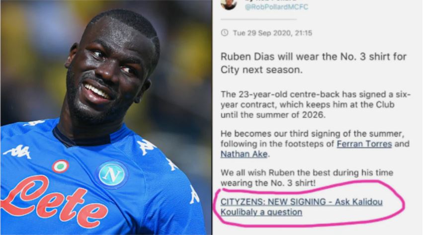 Koulibaly confirmé par erreur comme le nouveau signataire de City