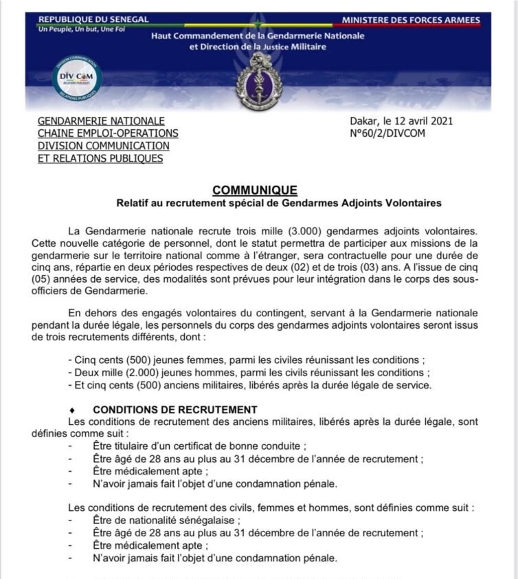 Gendarmerie nationale Recrutement spécial de 3.000 gendarmes adjoints