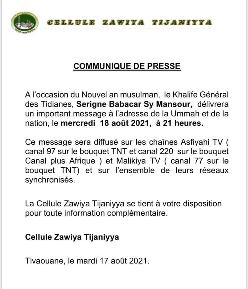 Tivaouane : une importante déclaration du Khalife des Tidianes attendue ce mercredi