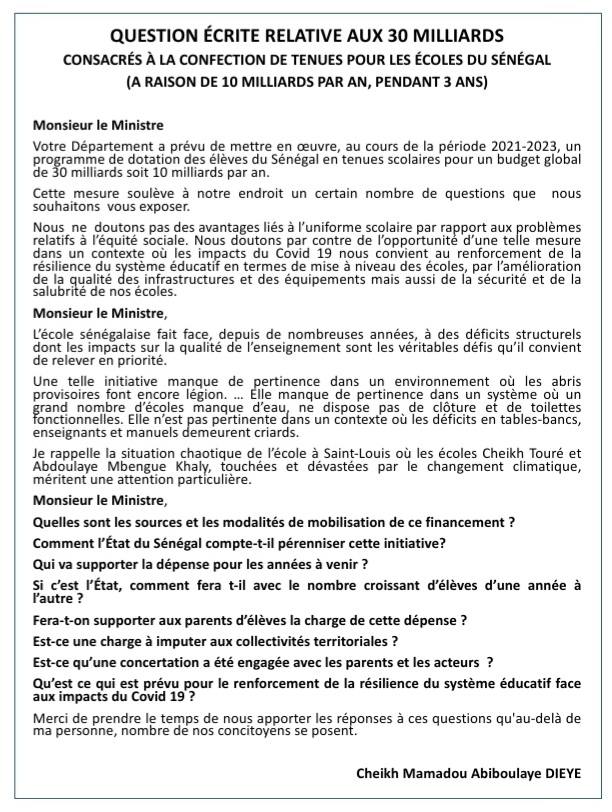 30 milliards pour des tenues scolaires : Cheikh B. Dièye adresse une question écrite à Mamadou Talla