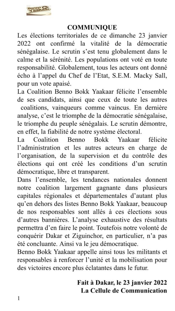 Locales : la coalition Benno Bokk Yaakaar reconnaît sa défaite à Dakar (Communiqué)
