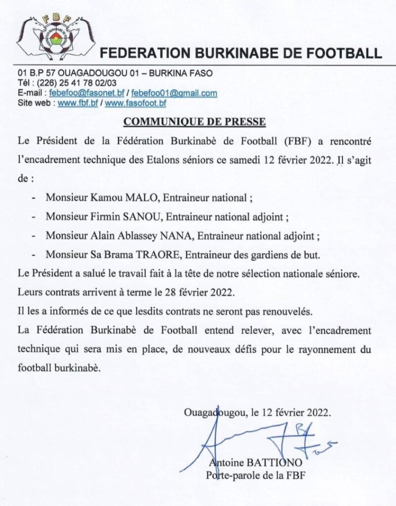 Burkina Faso : La fédération met fin au contrat du sélectionneur Kamou Malo