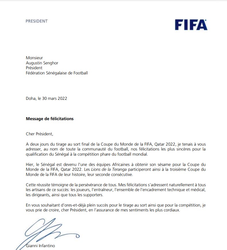 Qualification des Lions : La lettre de la FIFA au Sénégal