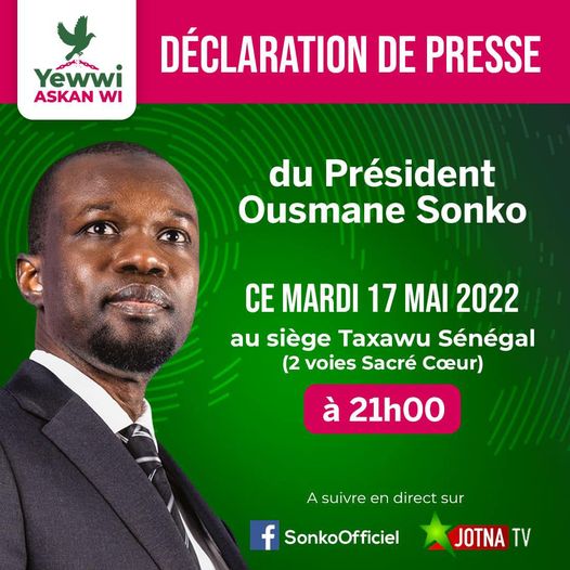 Yewwi Askan wi :Ousmane Sonko prend la parole à 21 heures