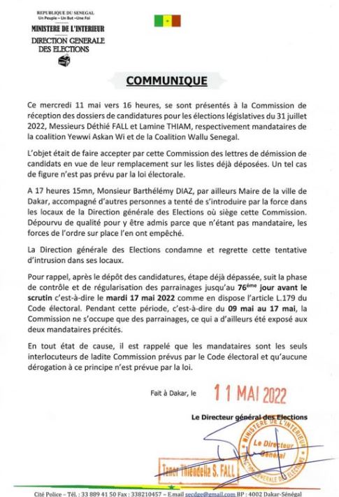 Menaces sur la liste de YAW à Dakar : La Direction générale des élections s'explique (Document)