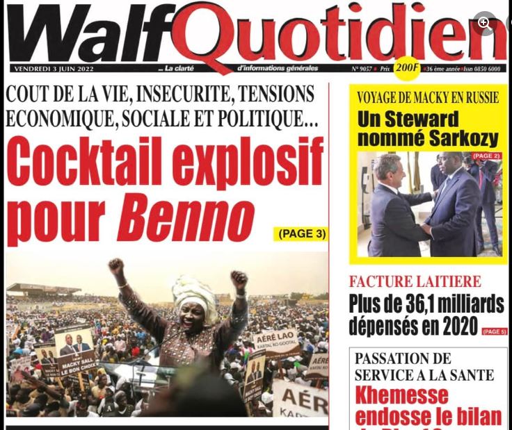 Une des journaux du vendredi 03 juin 2022