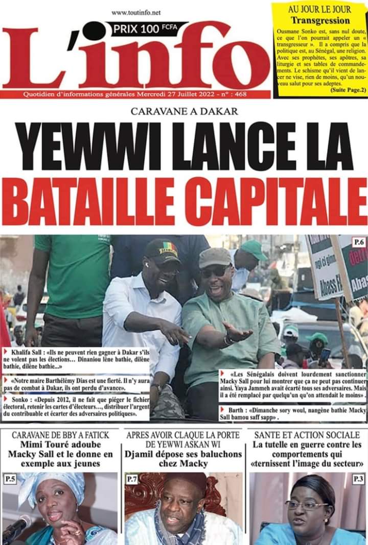 Une des journaux du mercredi 27 juillet 2022