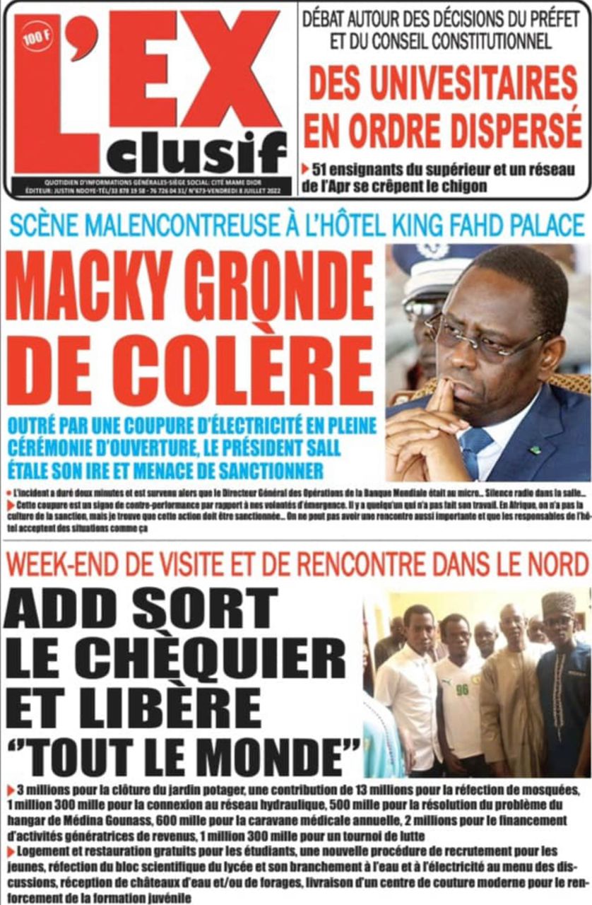 Une des journaux du vendredi 08 juillet 2022
