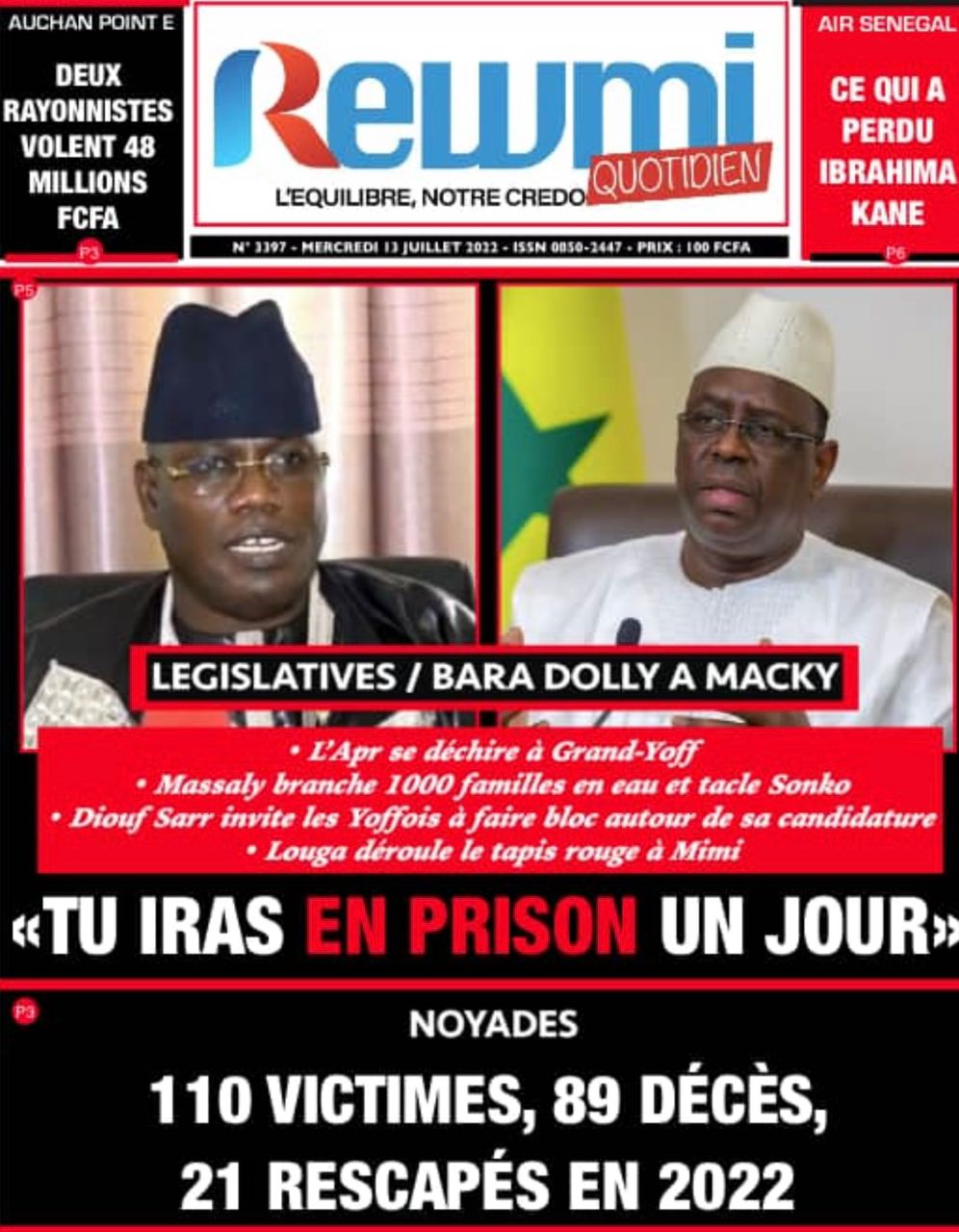 Une des journaux du mercredi 13 juillet 2022