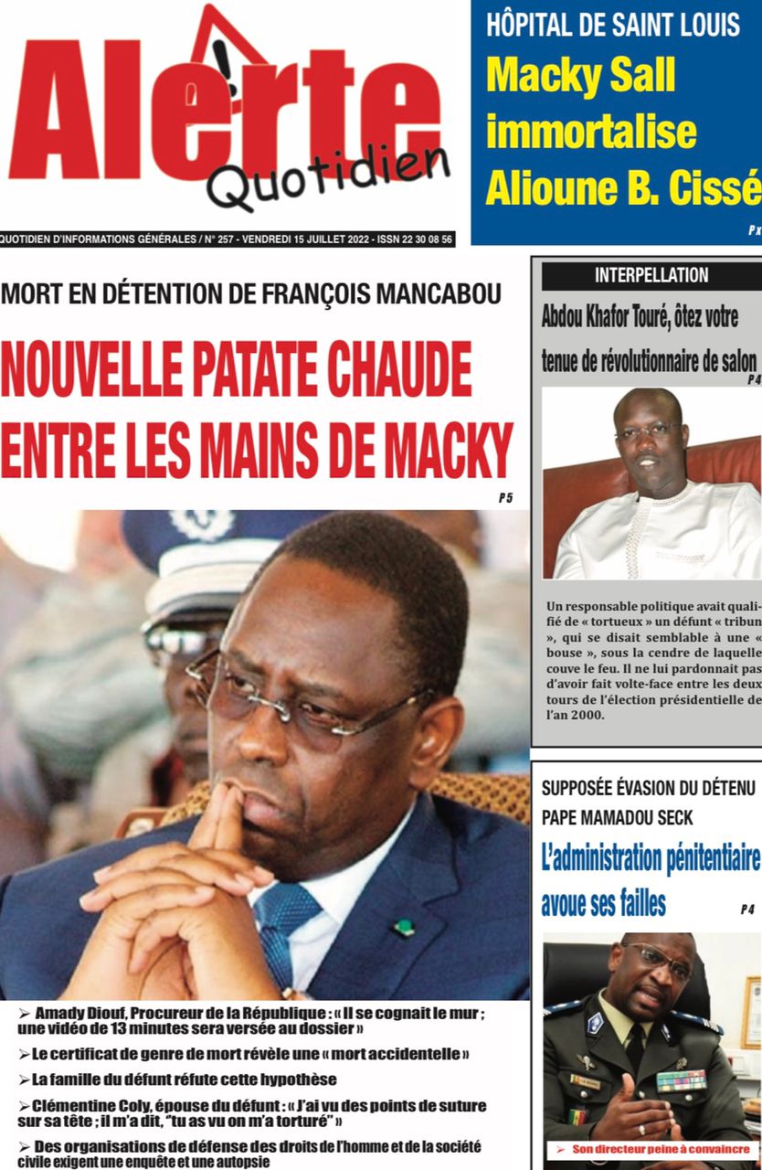 Une des journaux du vendredi 15 juillet 2022