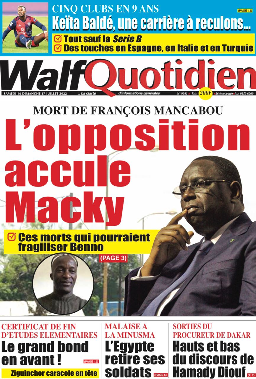 Une des journaux du samedi 16 juillet 2022