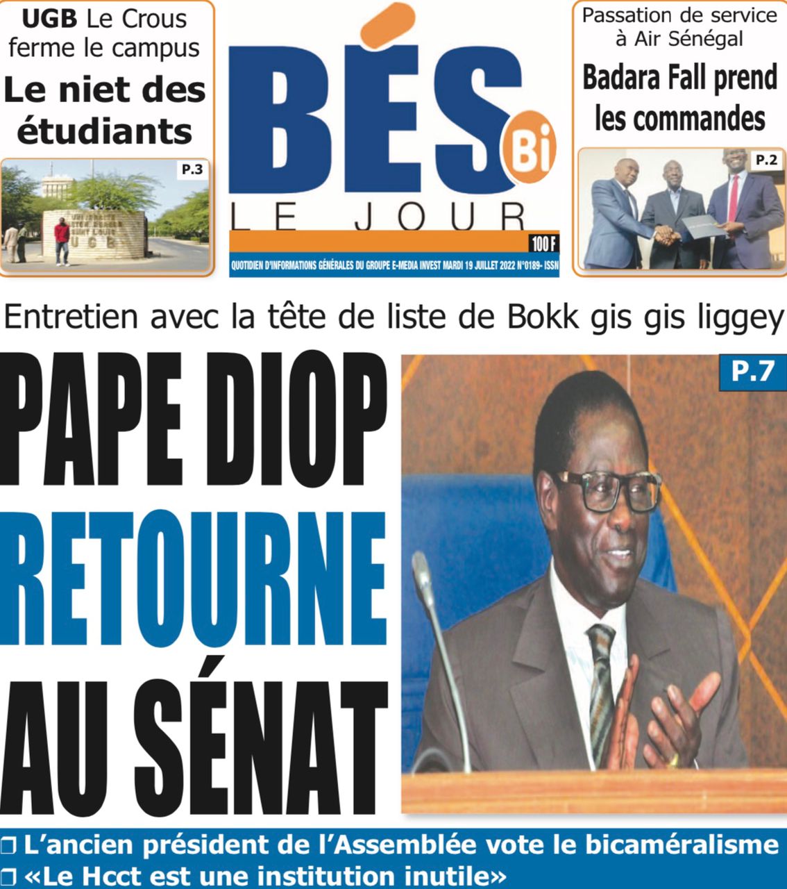 Une des journaux du mardi 19 juillet 2022