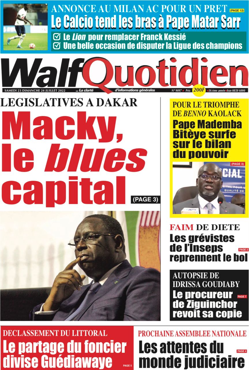 Une des journaux du samedi 23 juillet 2022