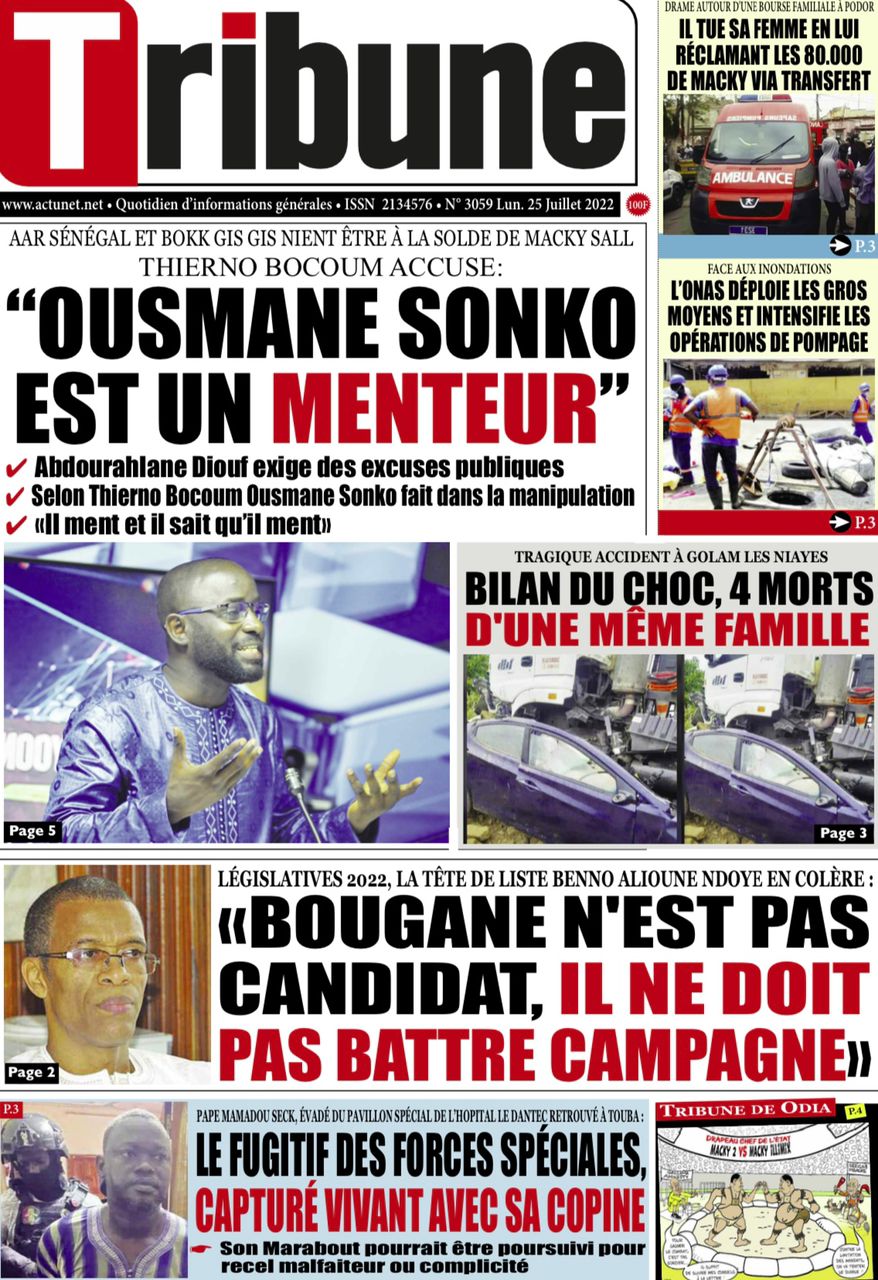 Une des journaux du lundi 25 juillet 2022