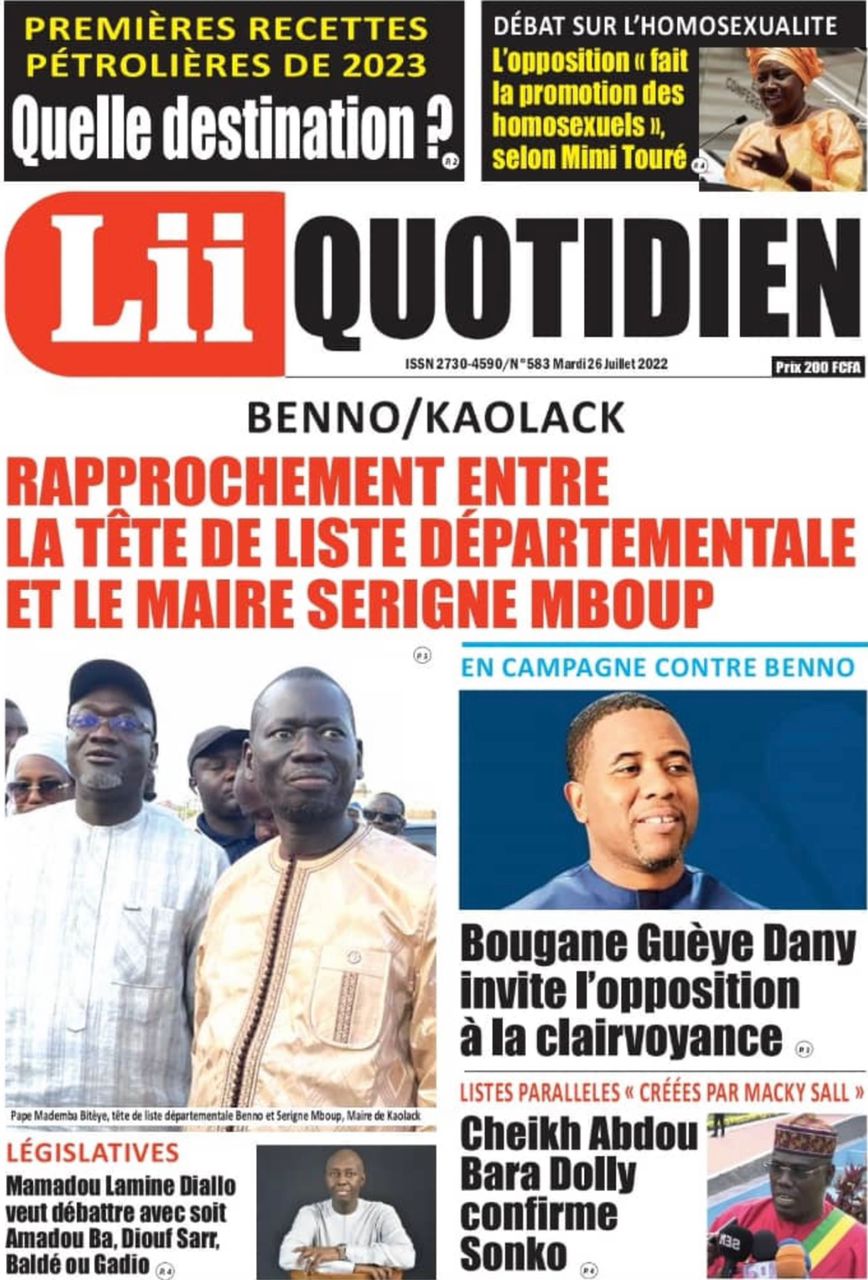 Une des journaux du mardi 26 juillet 2022