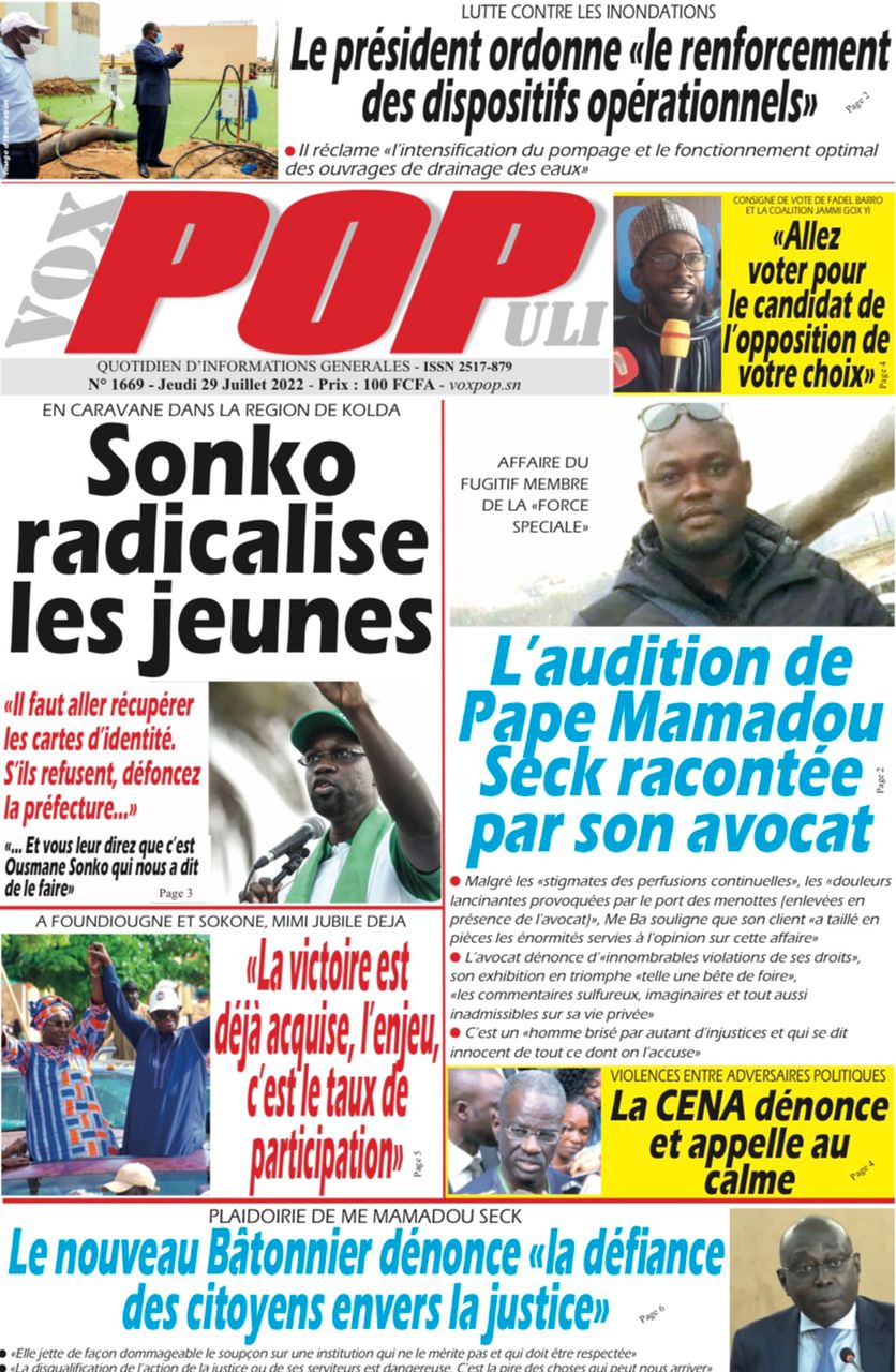 Une des journaux du jeudi 28 juillet 2022