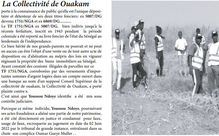 Collectivité de Ouakam : « Nous sommes les seuls dépositaires et détenteurs des deux titres fonciers ex 5007/DG devenu 1751/NGA et ex 6869/DG (Communiqué)