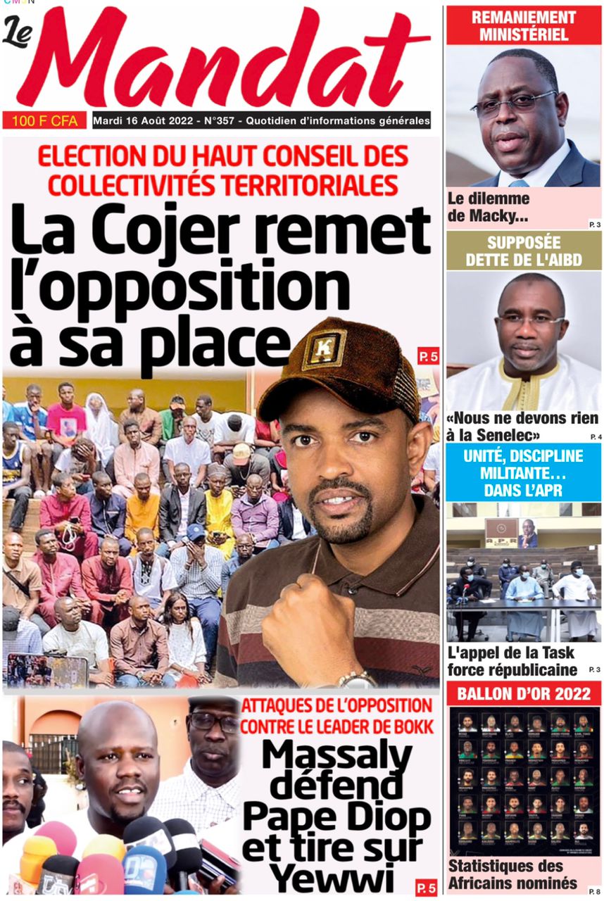 Une des journaux du mardi 16 août 2022