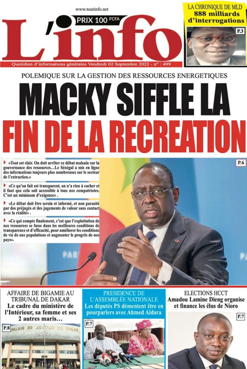 Une des journaux du vendredi 02 septembre 2022
