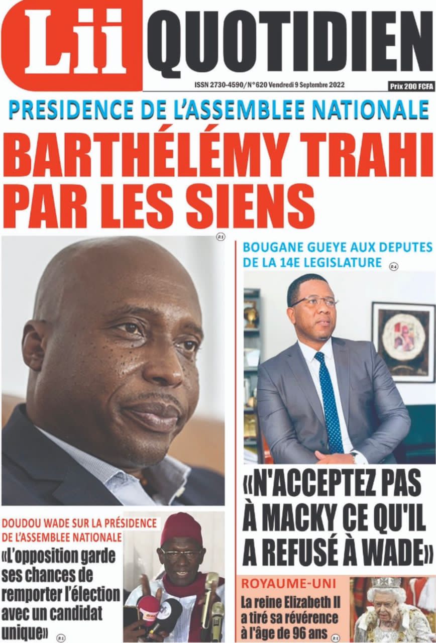 Une des journaux du vendredi 09 septembre 2022