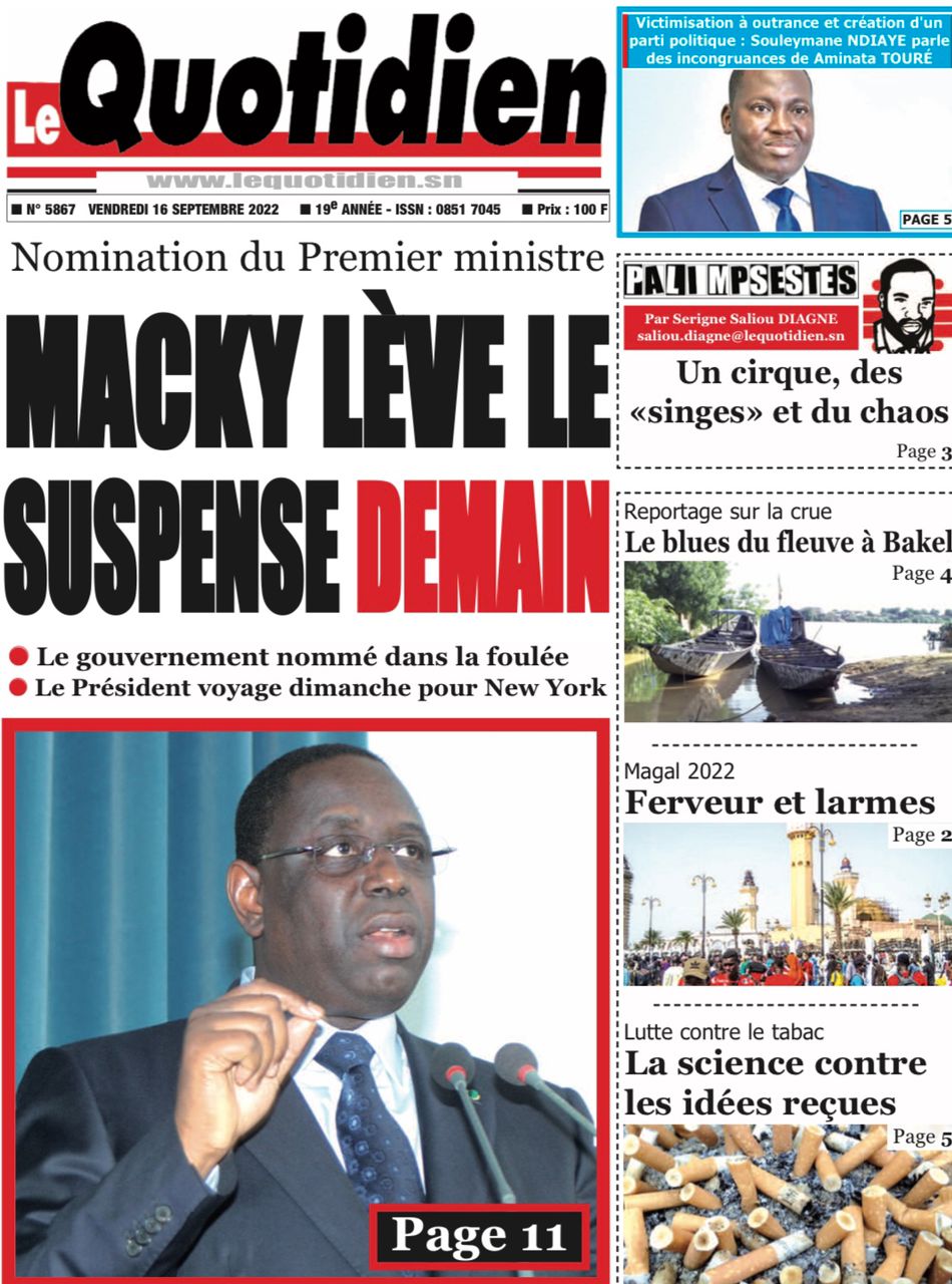 Une des journaux du vendredi 16 septembre 2022