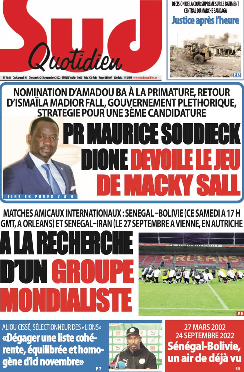 Une des journaux du samedi 24 septembre 2022