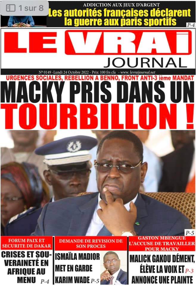 Une des journaux du lundi 24 octobre 2022