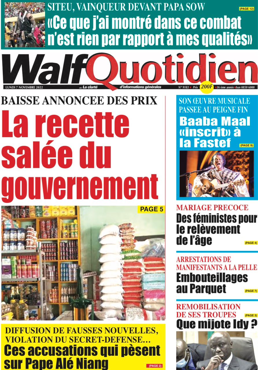 Une des journaux du lundi 07 novembre 2022