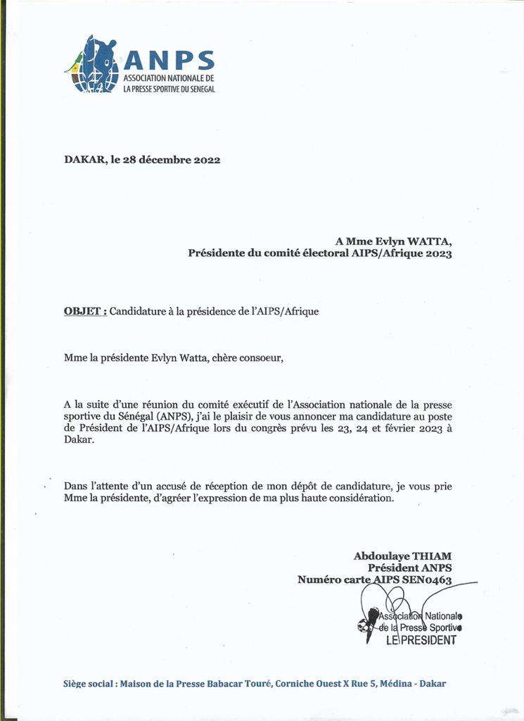 Présidence de l’AIPS/Afrique : le journaliste Abdoulaye Thiam dépose sa candidature