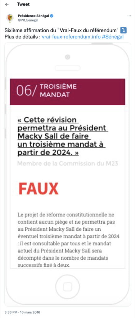 Le Tweet De La Présidence Qui Affirmait Que Macky Sall Ne Pourra Pas