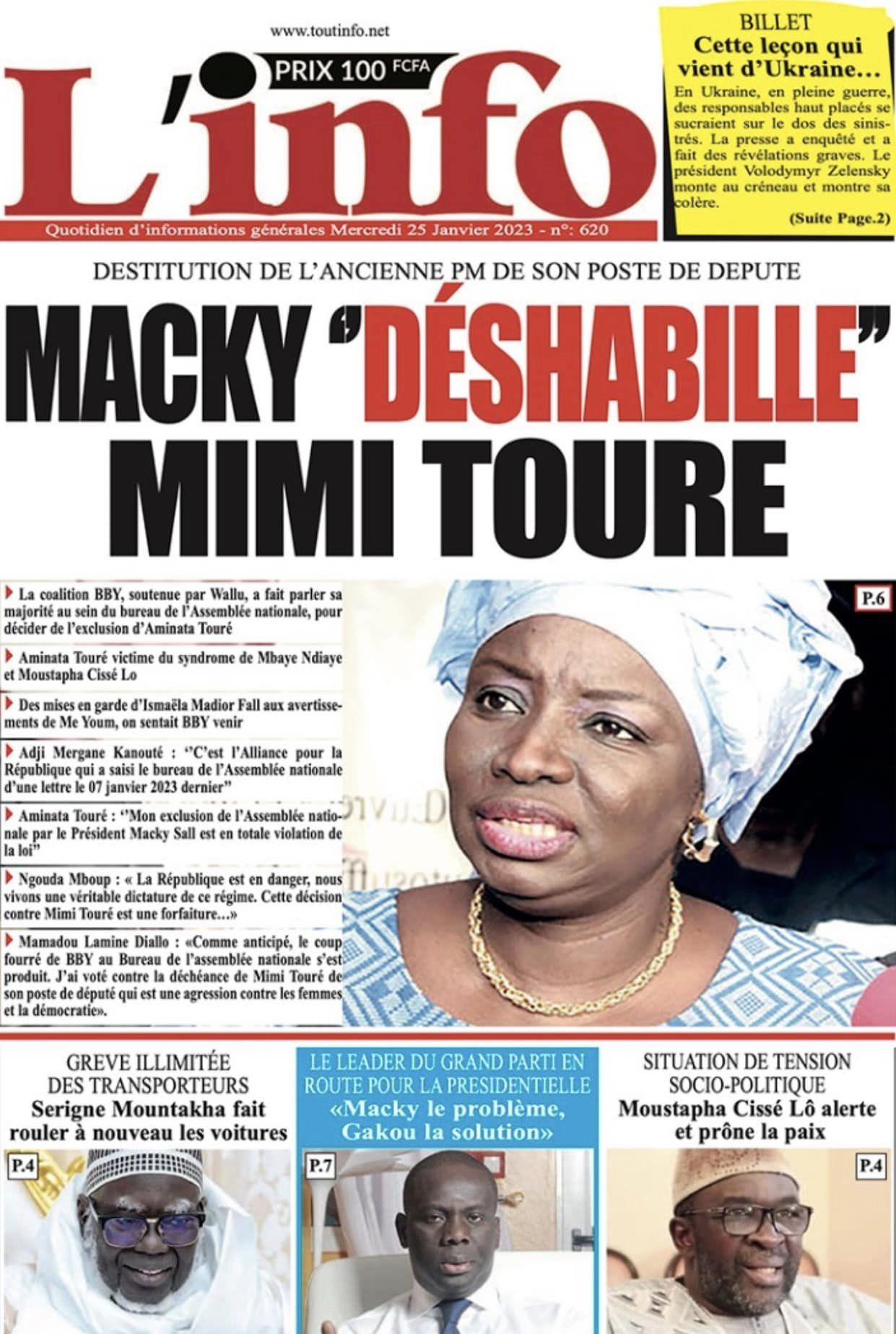 Une des journaux du mercredi 25 janvier 2023