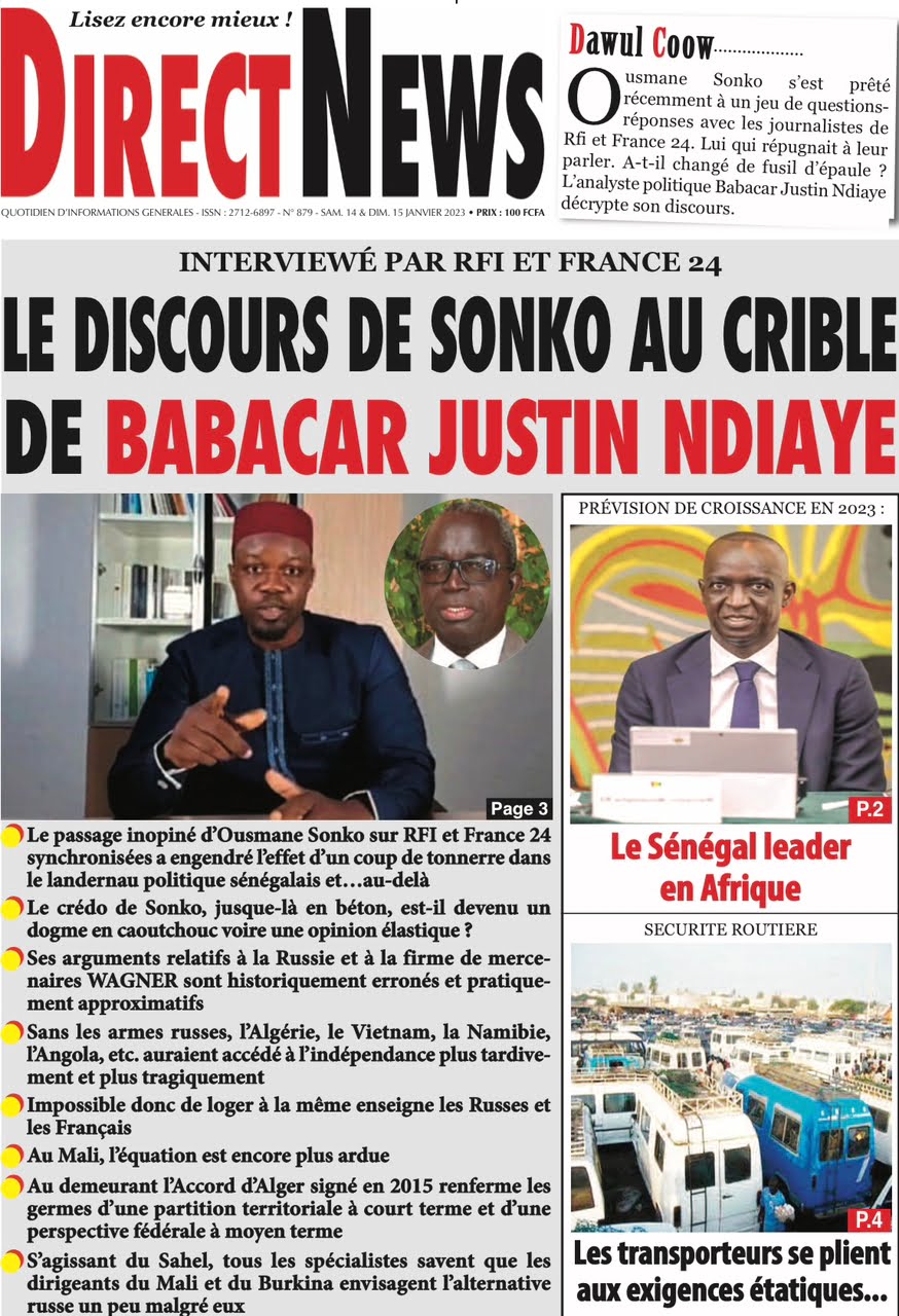 Une des journaux du samedi 14 janvier 2023