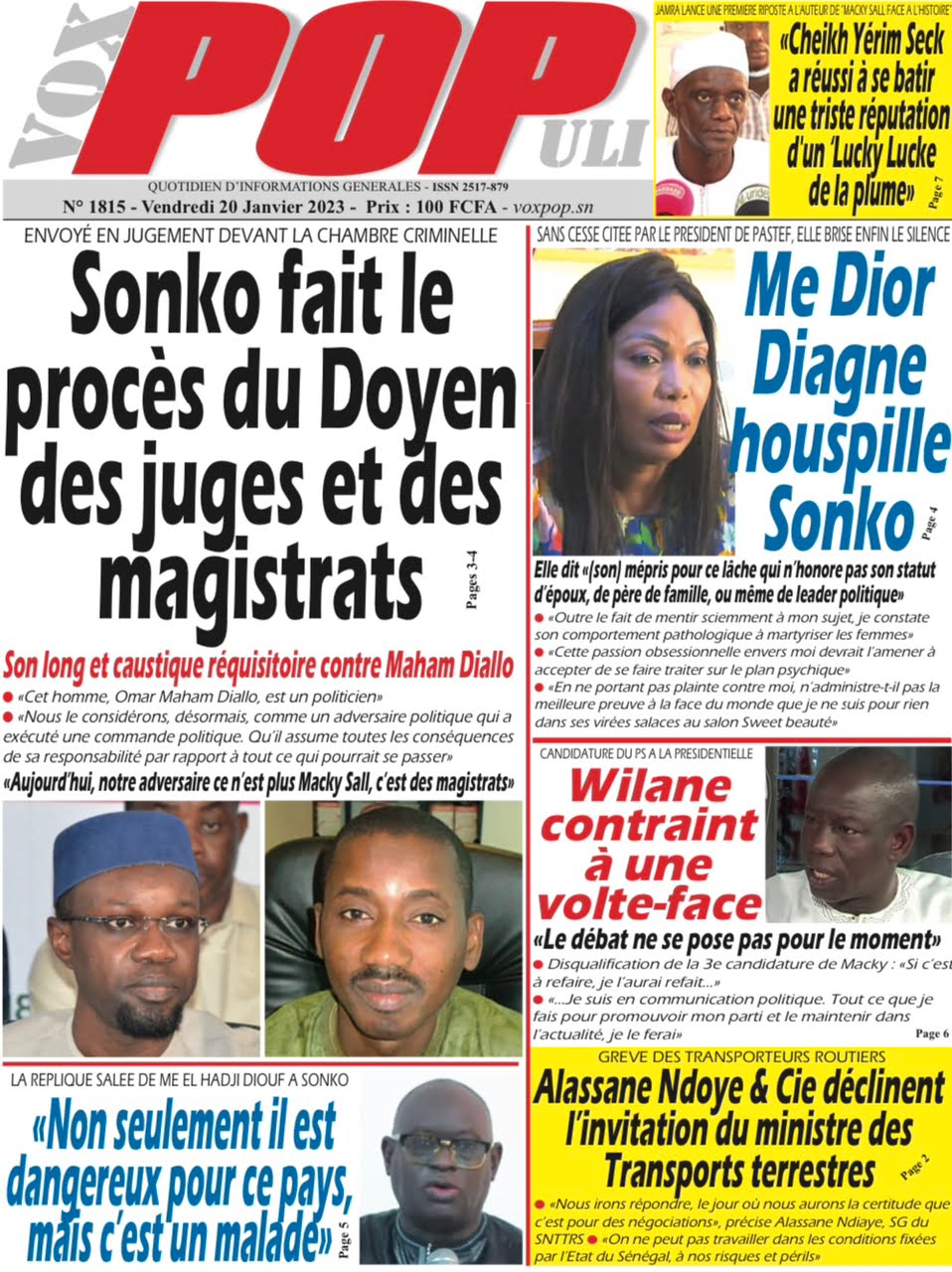 Une des journaux du vendredi 20 janvier 2023