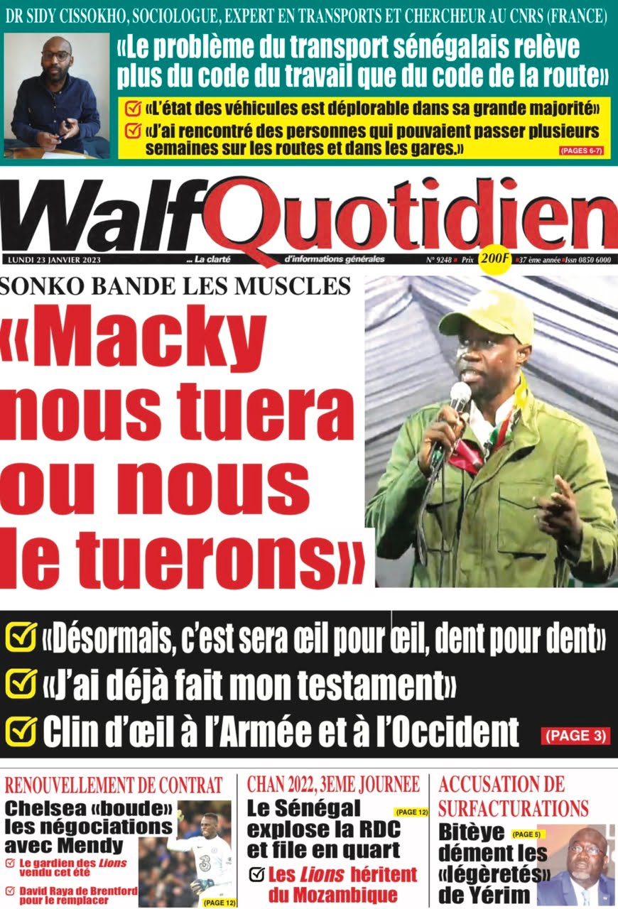 Une des journaux du lundi 23 janvier 2023